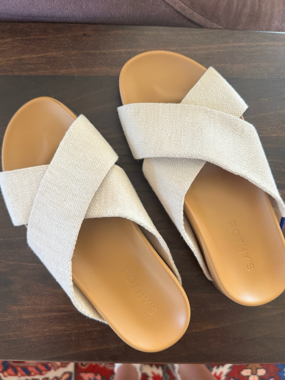 Rothy's Cream Cross-Strap Slide Sandals with Tan Footbed